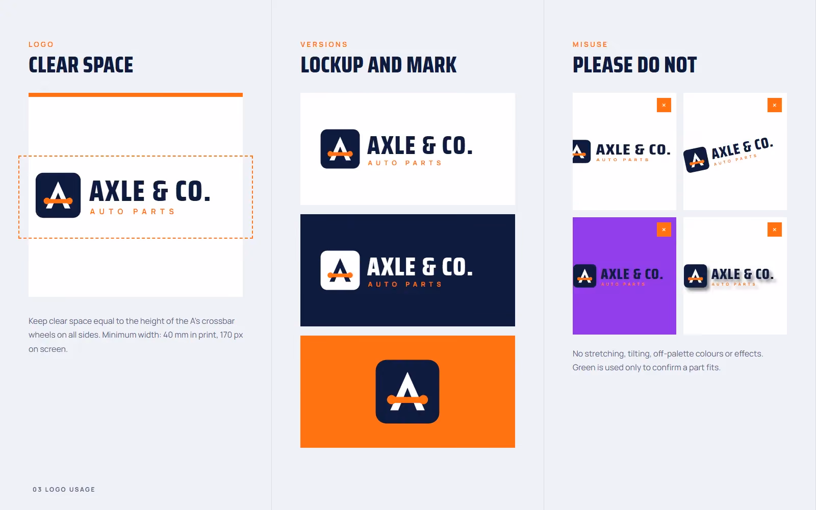 Axle & Co. Auto Parts brand book logo clear space, versions and misuse