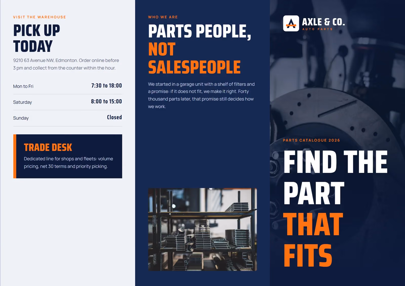 Axle & Co. Auto Parts A4 tri-fold brochure, outside spread