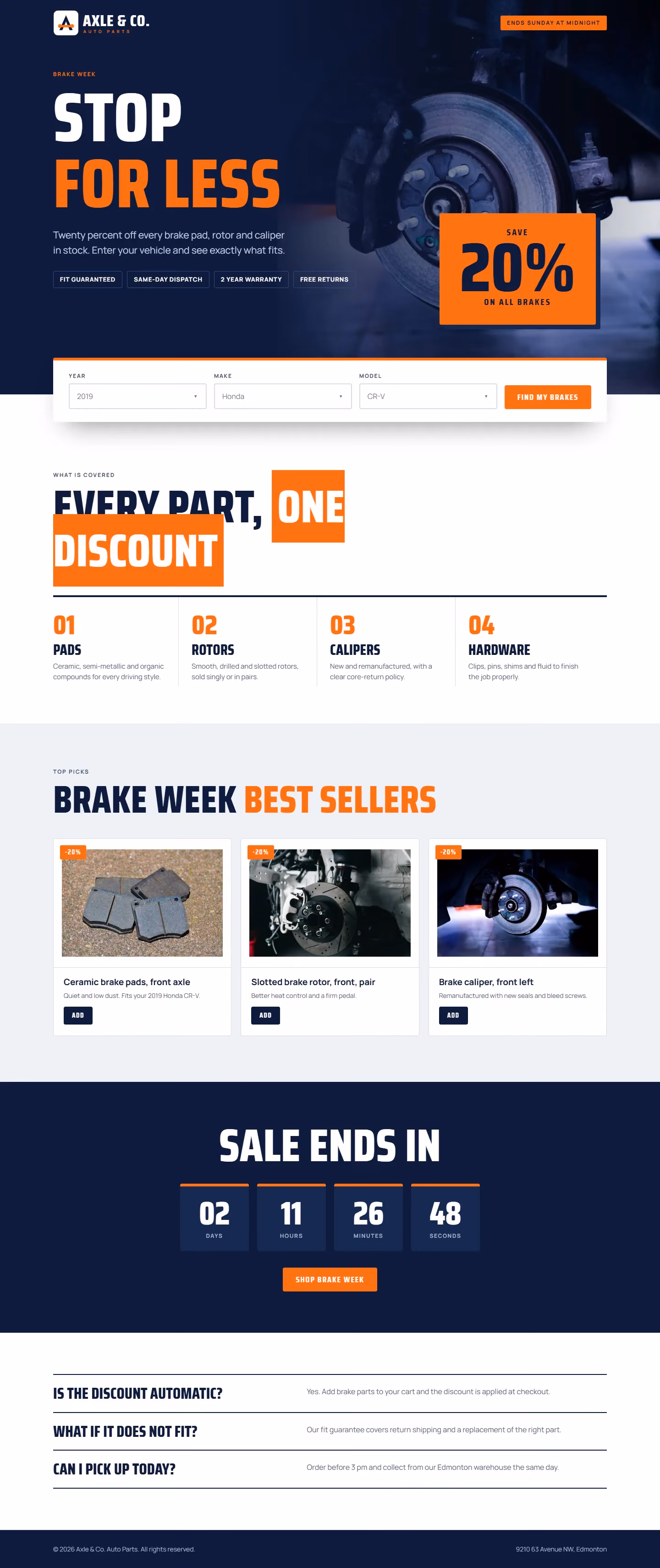 Axle & Co. Auto Parts campaign landing page with offer, steps and booking form