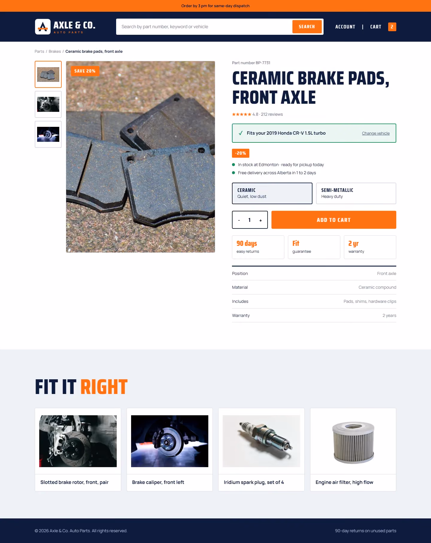 Axle product page with fit confirmation, stock status and specifications