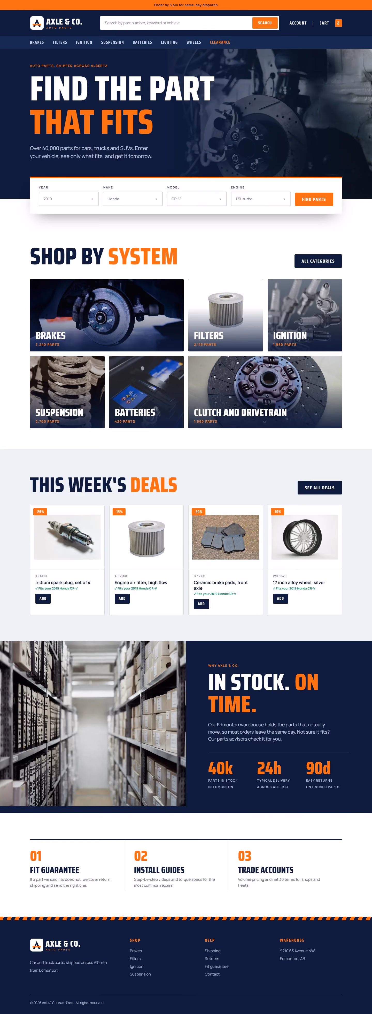 Axle & Co. Auto Parts website home page on desktop