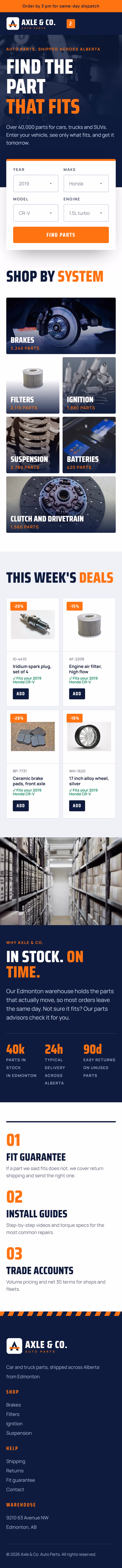 Axle & Co. Auto Parts website home page on a phone