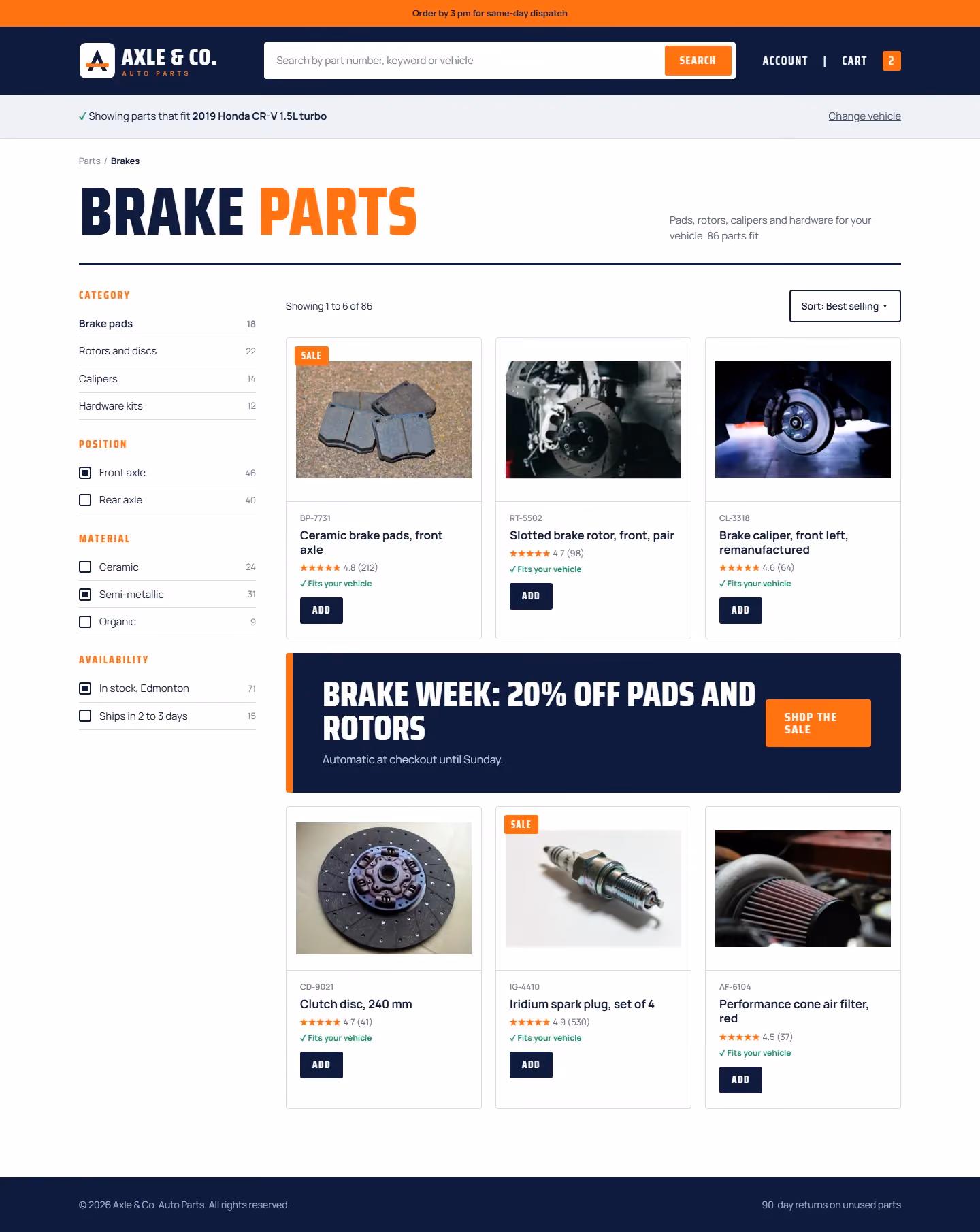 Axle parts category page with vehicle fit bar, filters and product grid