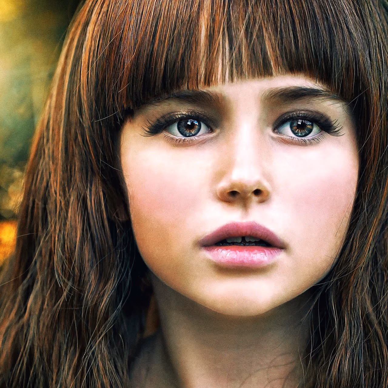 After: Young woman with brown hair and a fringe looking at the camera, close-up