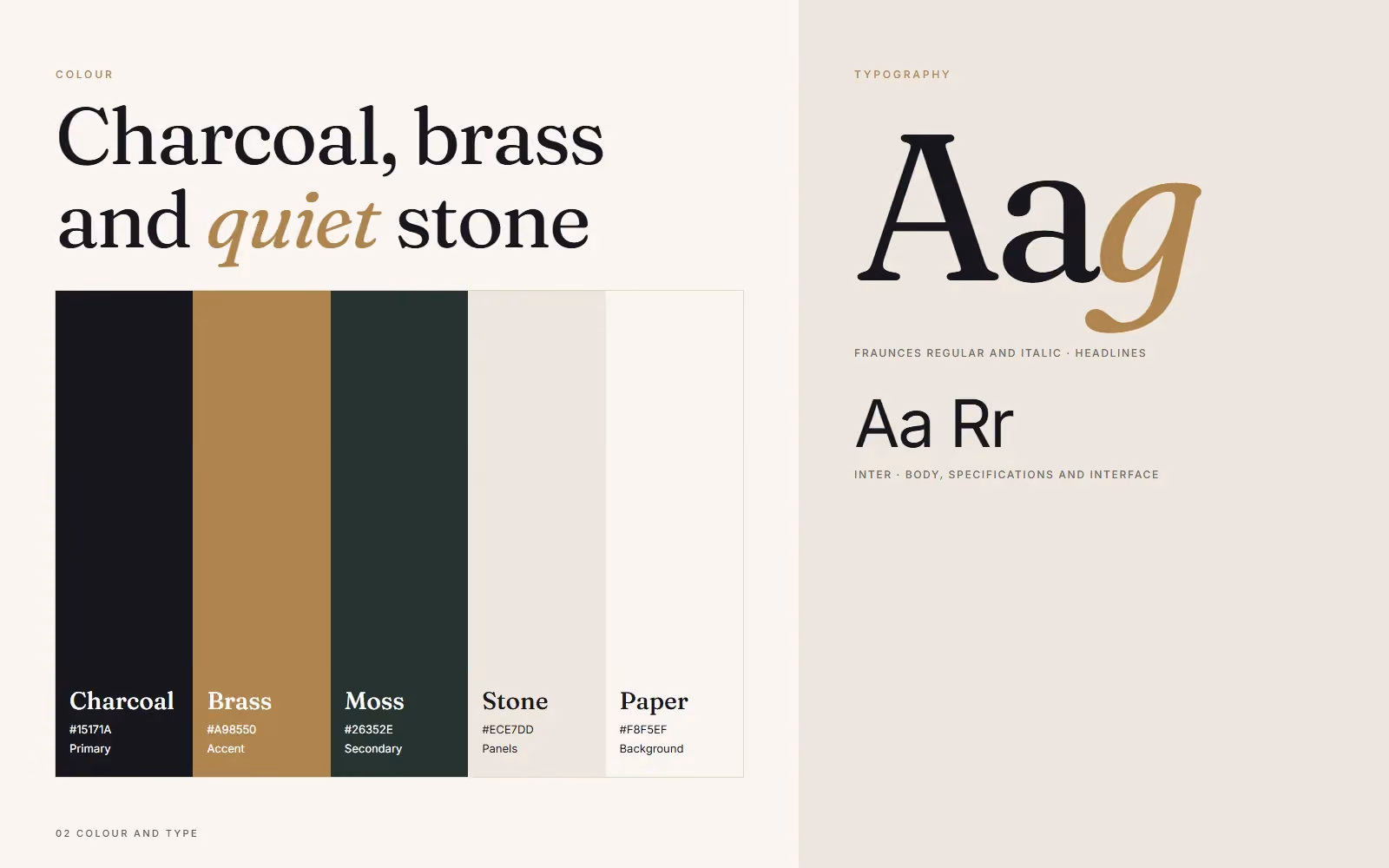 A brand book page showing a colour palette and typography