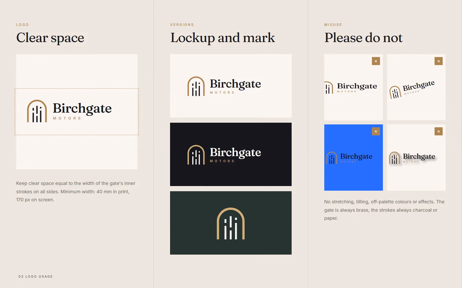Birchgate Motors brand book logo clear space, versions and misuse