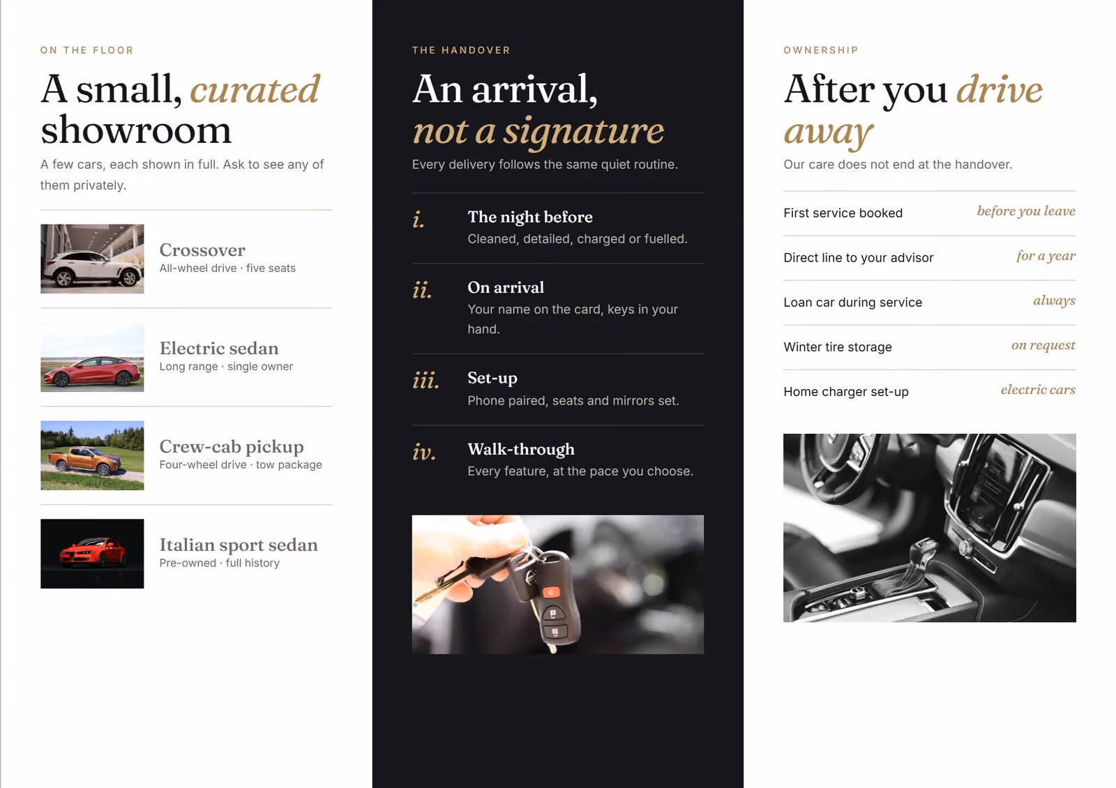 Birchgate Motors A4 tri-fold brochure, inside spread