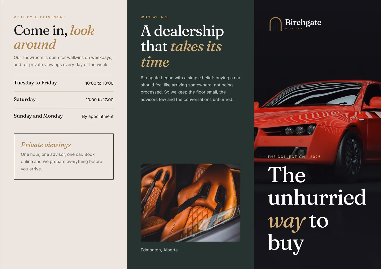Birchgate Motors A4 tri-fold brochure, outside spread