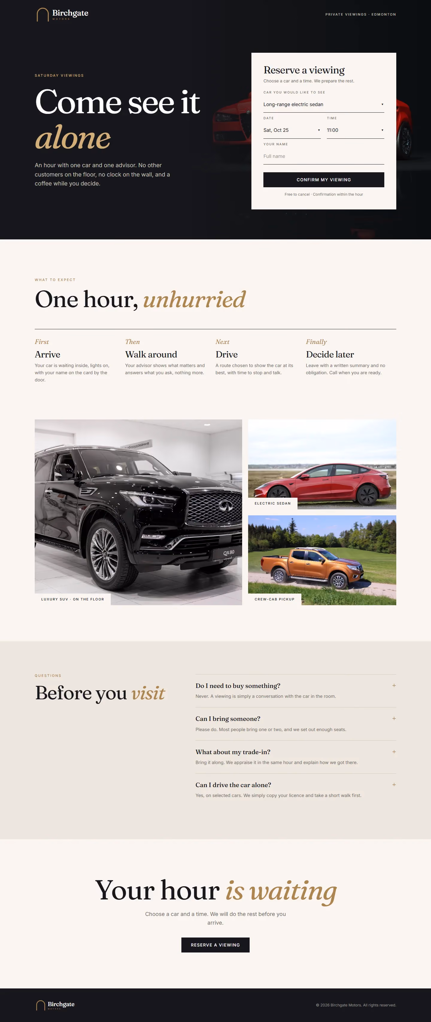 Birchgate Motors campaign landing page with offer, steps and booking form