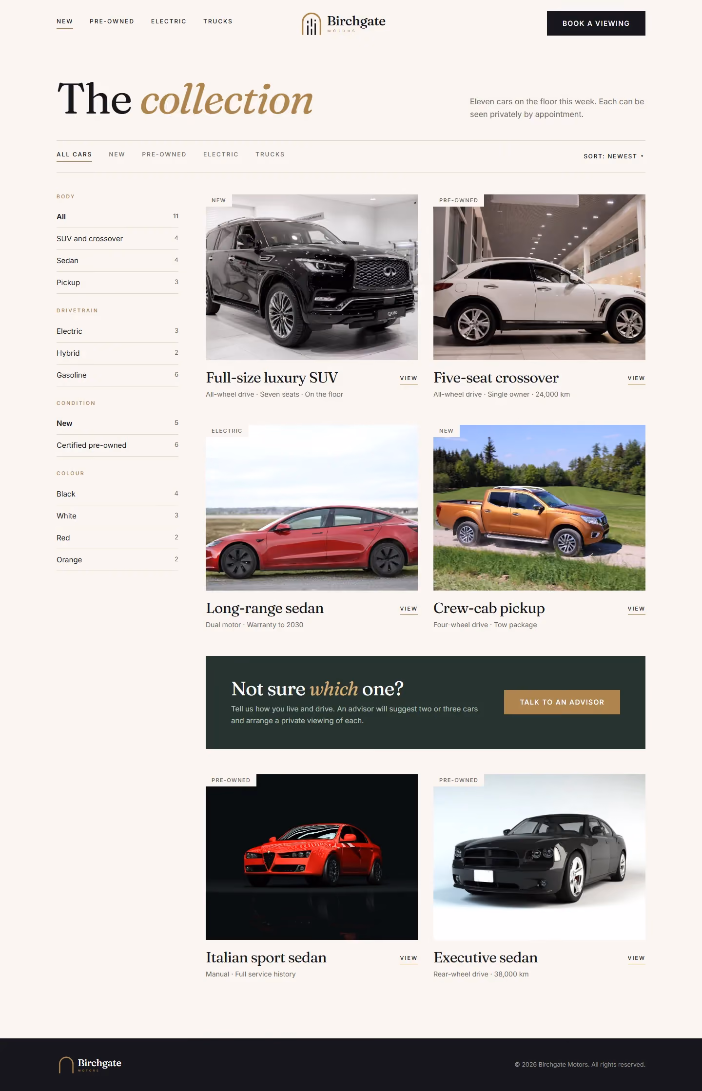 Birchgate collection page with filters and curated vehicle cards