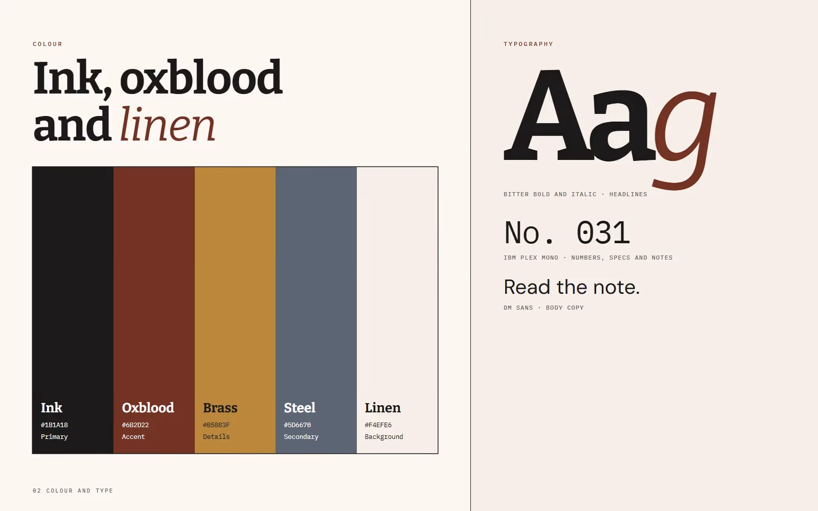 Brindle & Co. Hand Tools brand book colour palette and typography
