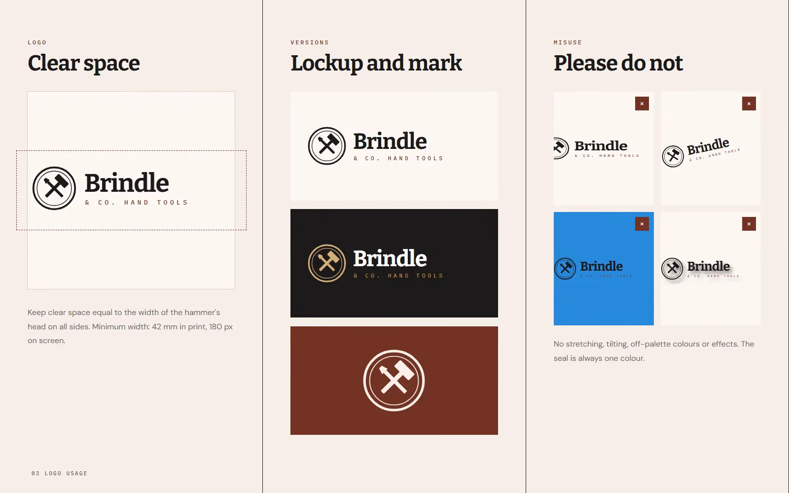 Brindle & Co. Hand Tools brand book logo clear space, versions and misuse