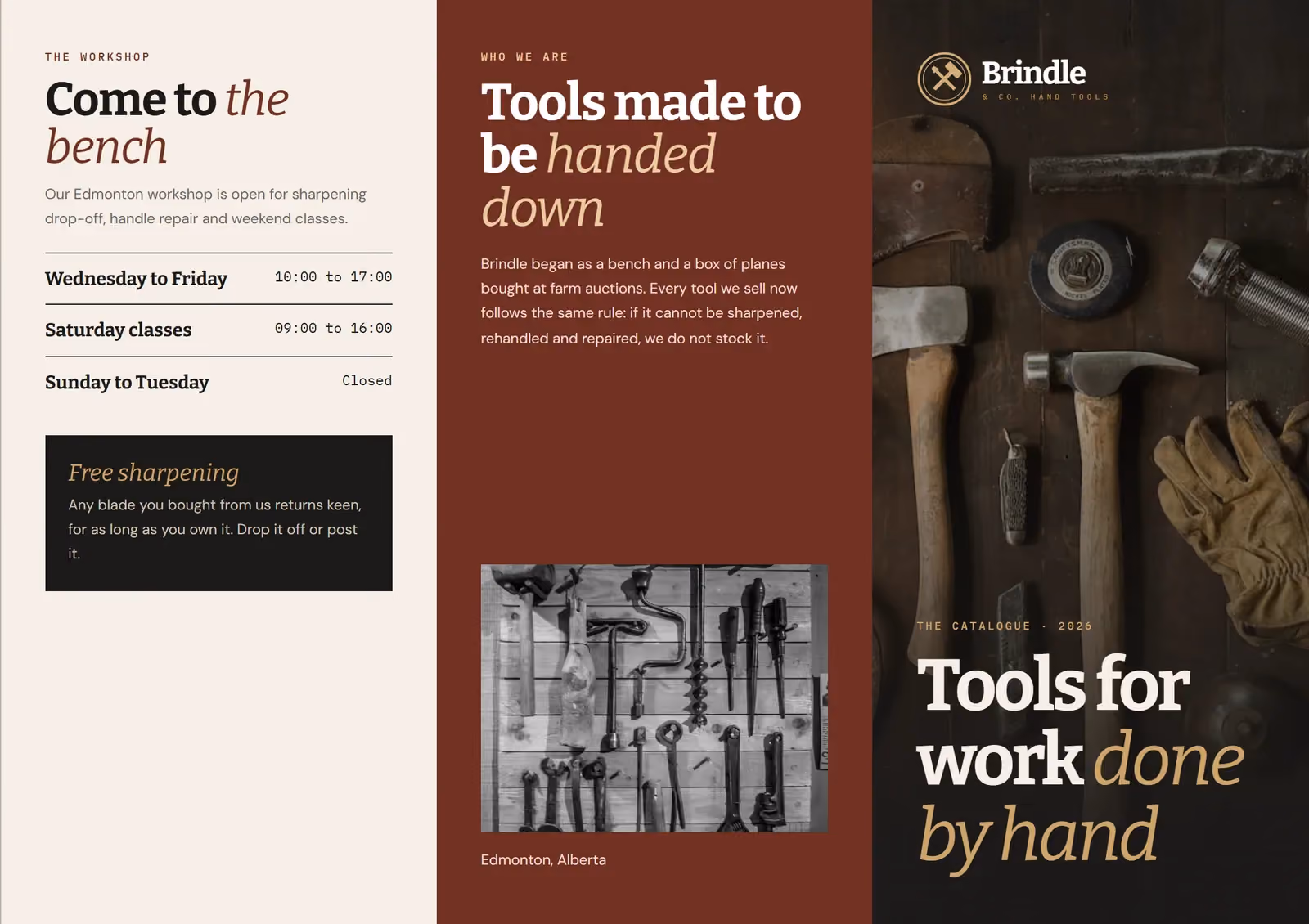 Brindle & Co. Hand Tools A4 tri-fold brochure, outside spread