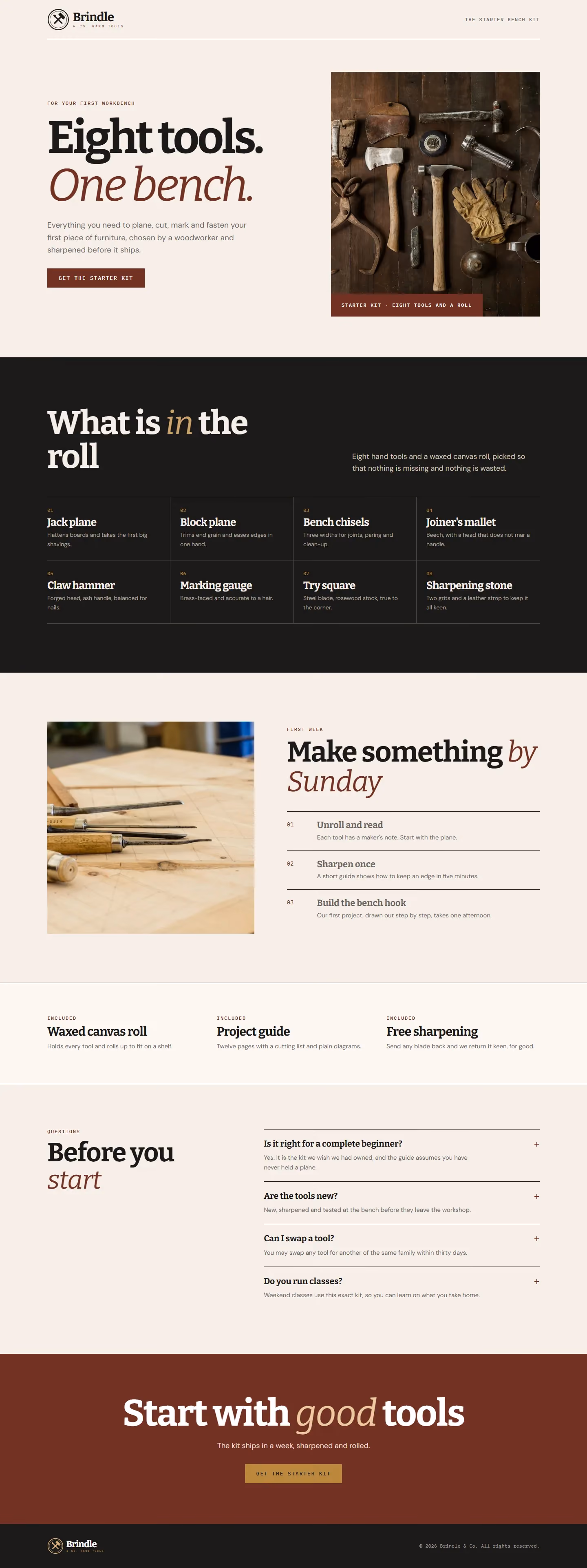 Brindle & Co. Hand Tools campaign landing page with offer, steps and booking form