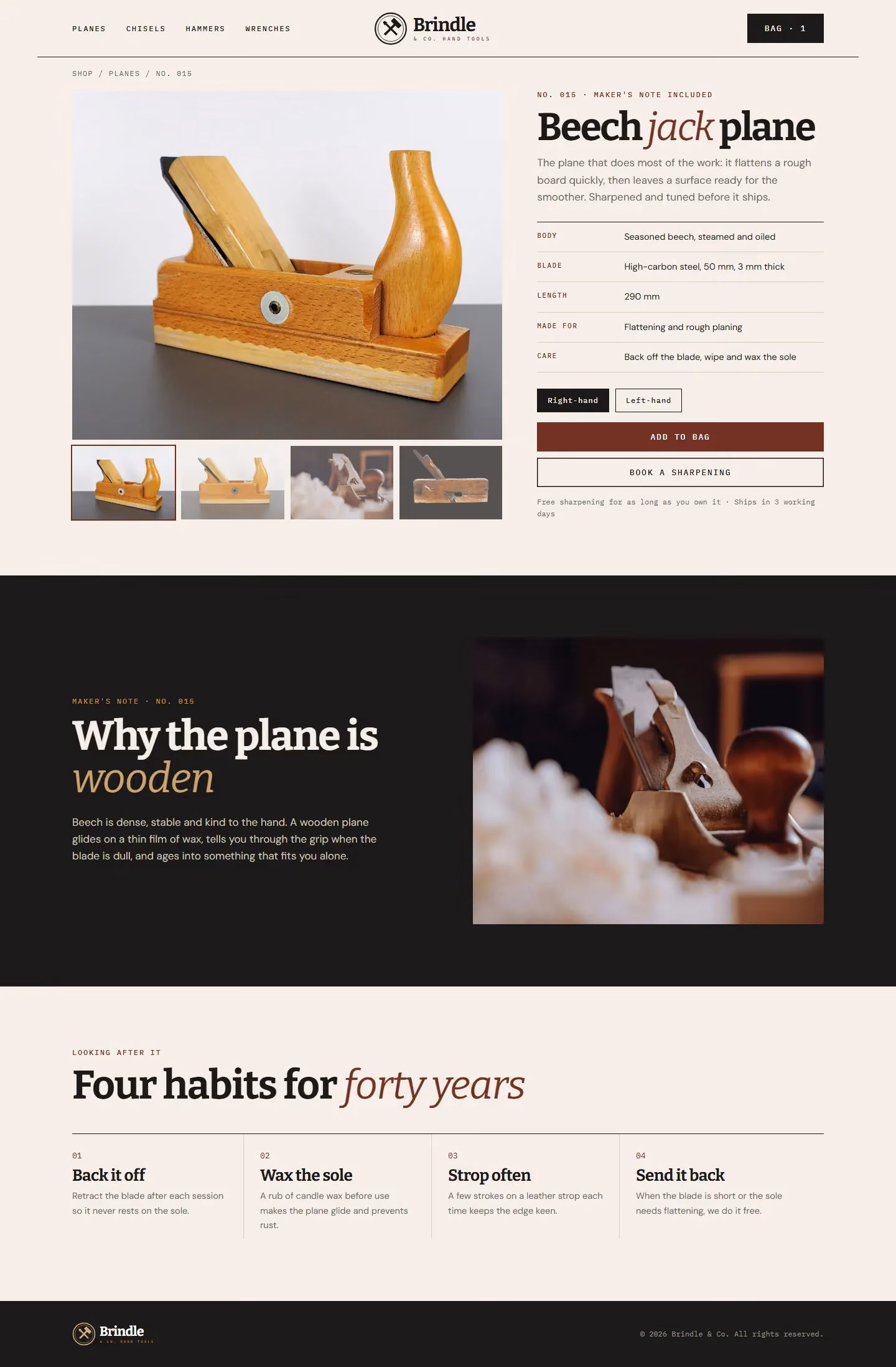 Brindle product page with specification, maker's note and care guide