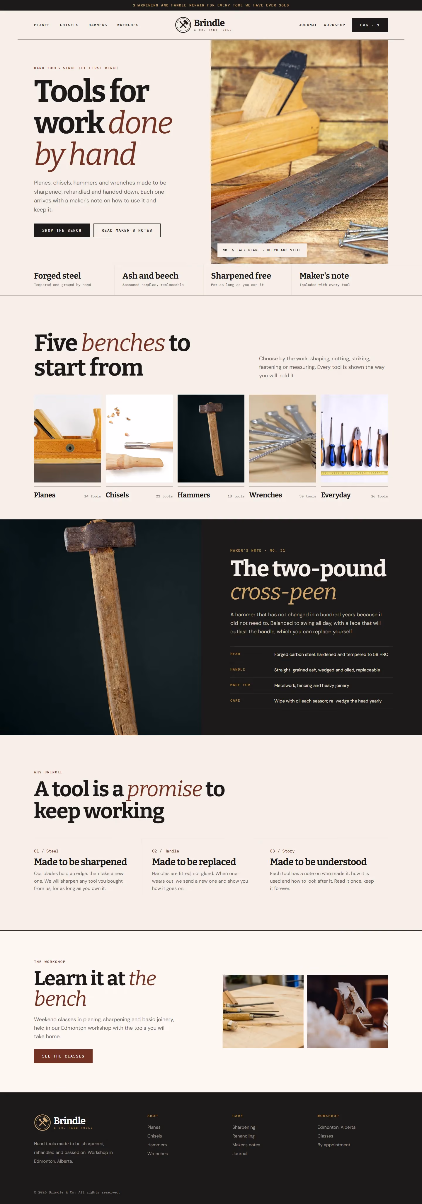 Brindle & Co. Hand Tools website home page on desktop