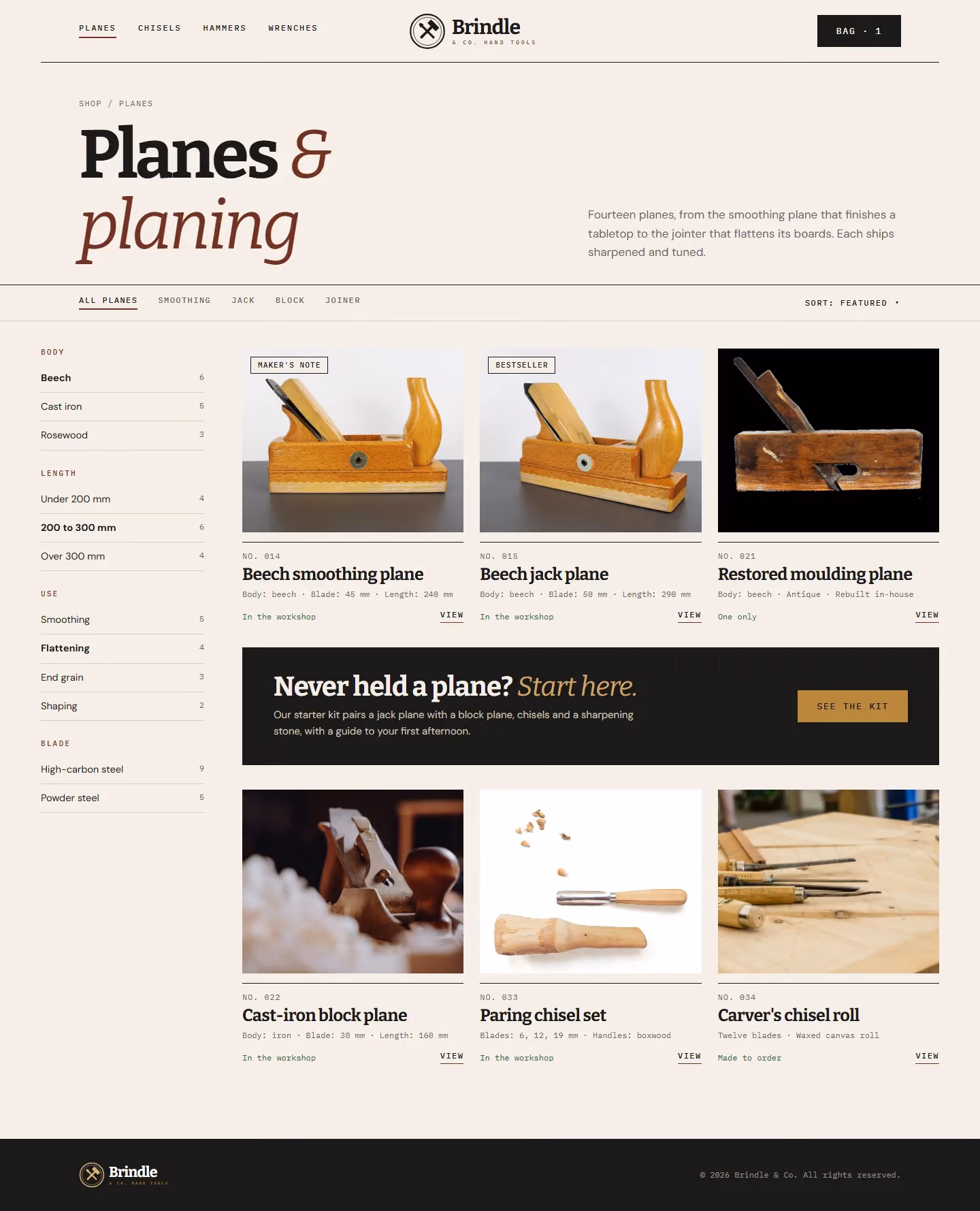 Brindle planes category page with filters and tool cards