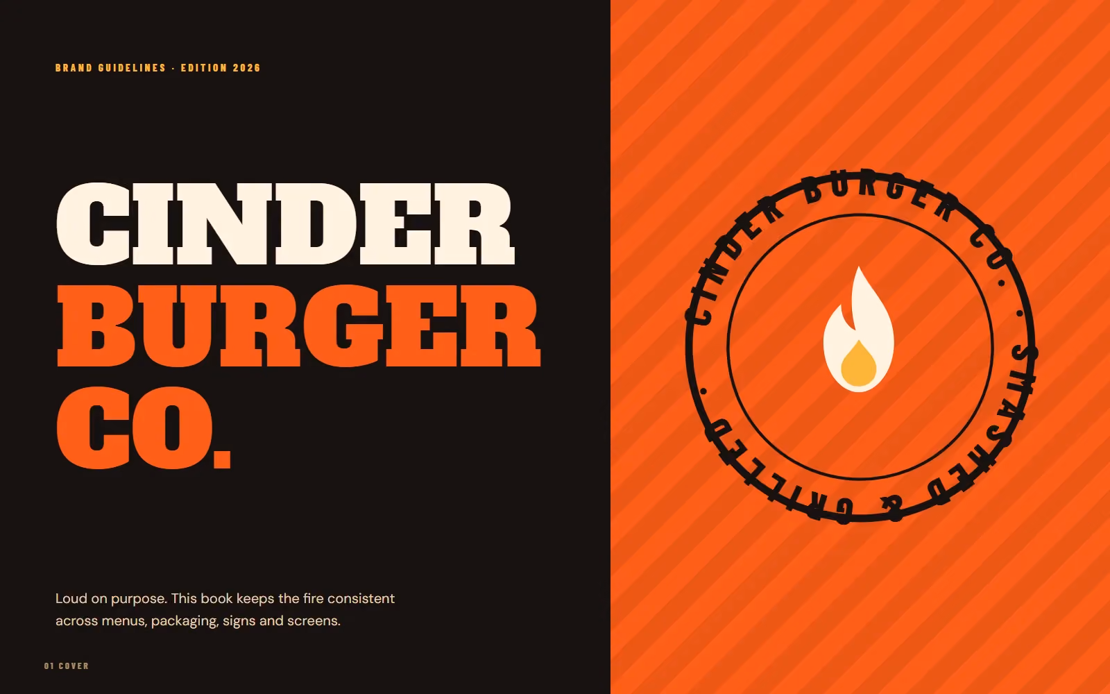 Cinder Burger Co. brand book cover with logo