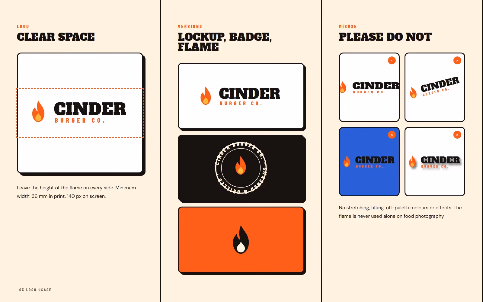 Cinder Burger Co. brand book logo clear space, versions and misuse