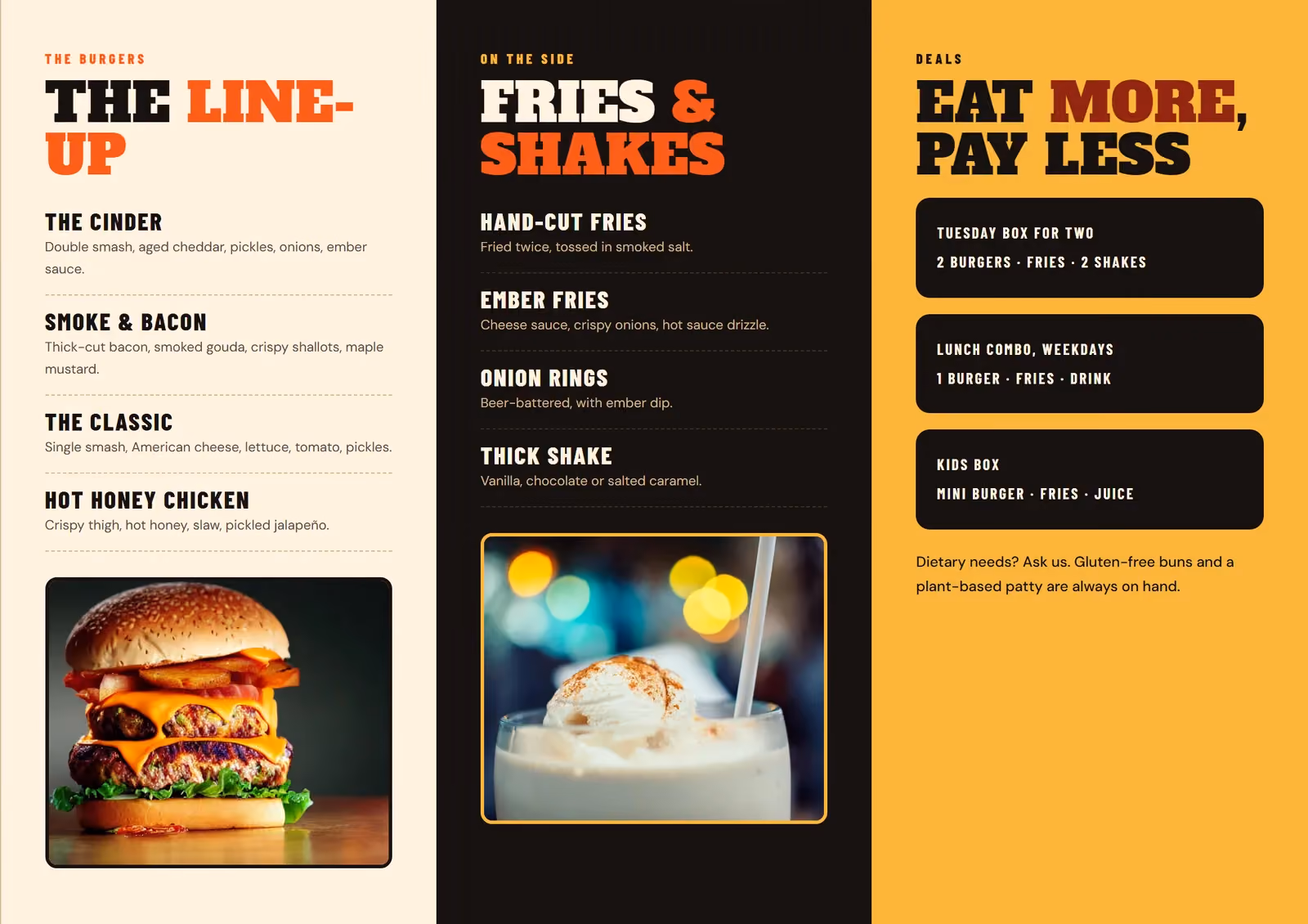 Cinder Burger Co. A4 tri-fold brochure, inside spread