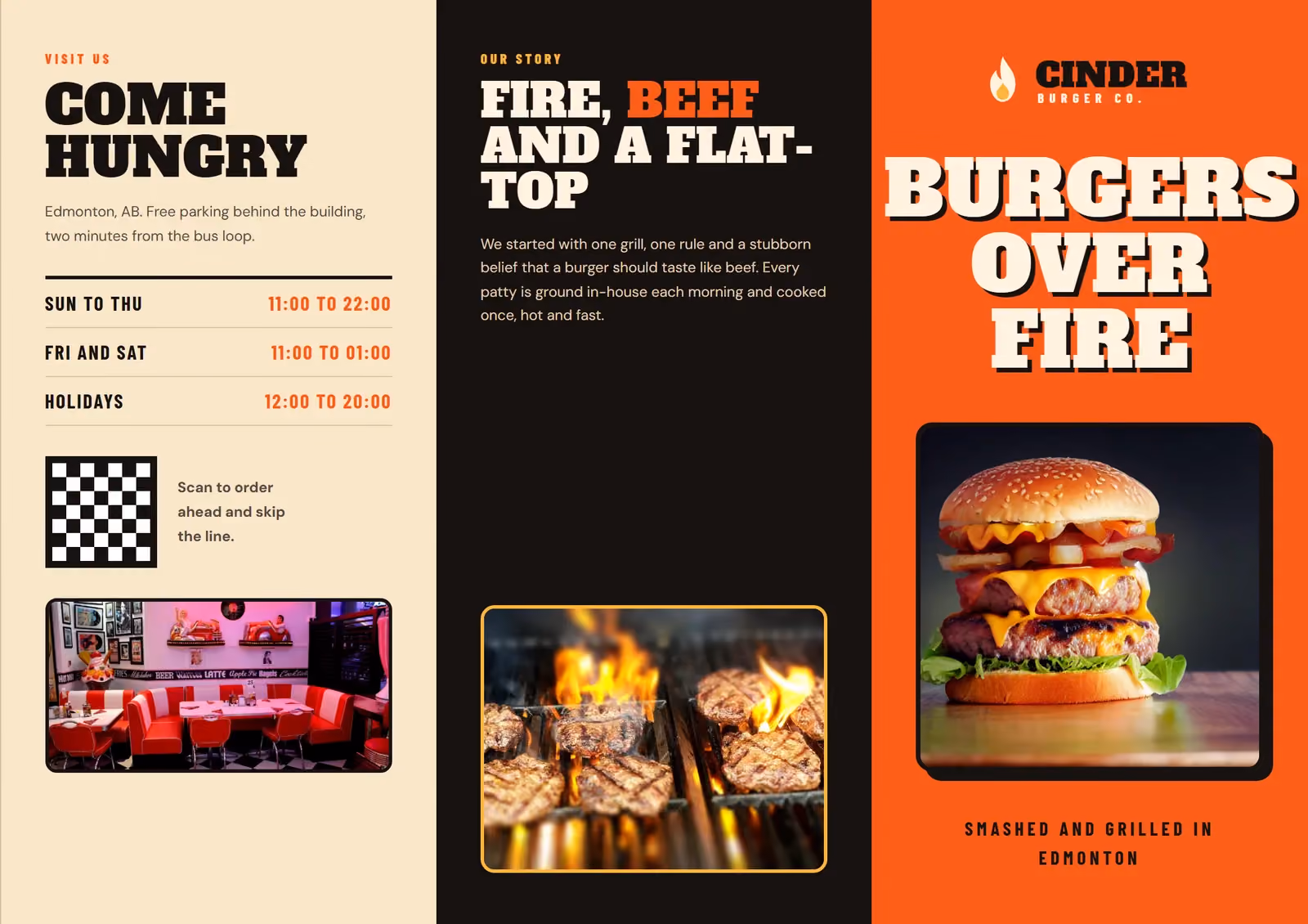 Cinder Burger Co. A4 tri-fold brochure, outside spread