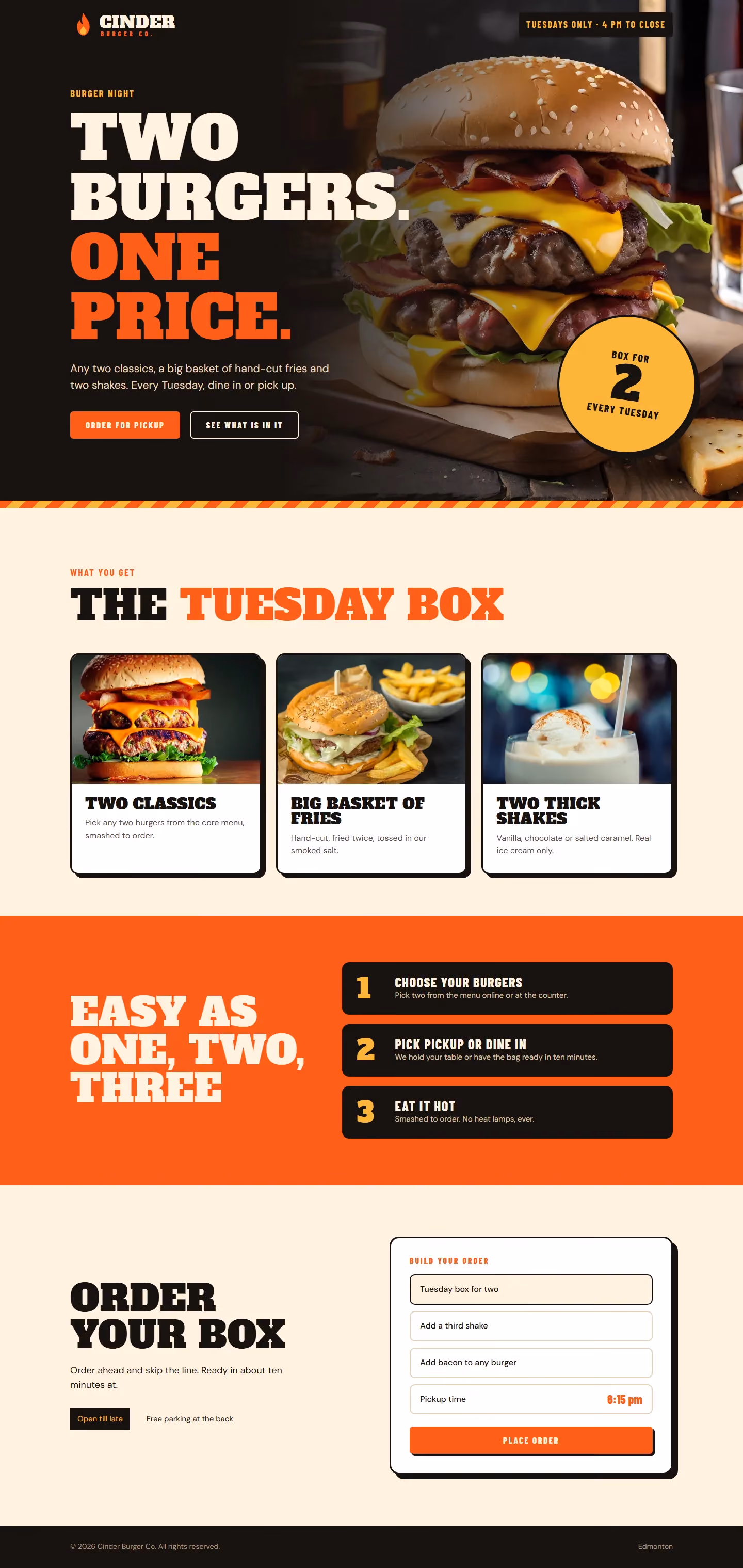 Cinder Burger Co. campaign landing page with offer, steps and booking form