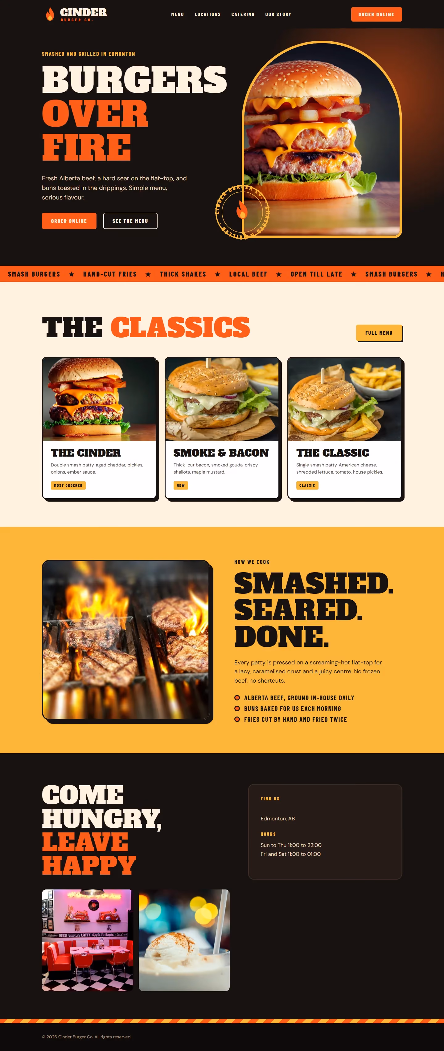 Cinder Burger Co. website home page on desktop