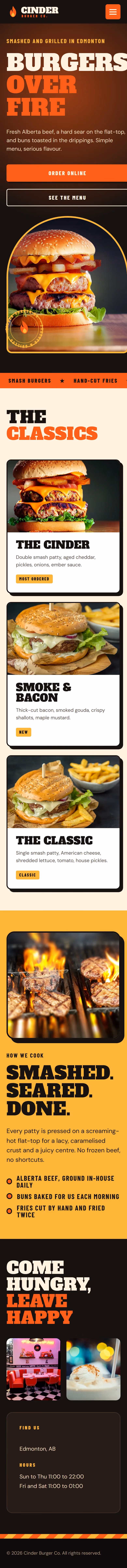 Cinder Burger Co. website home page on a phone