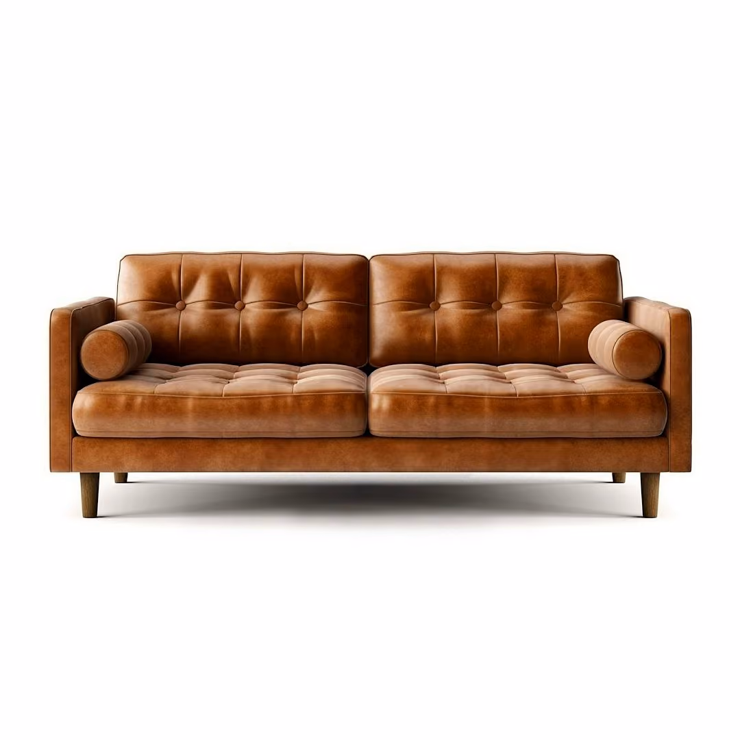 After: Tan leather sofa with tufted back on a pure white background