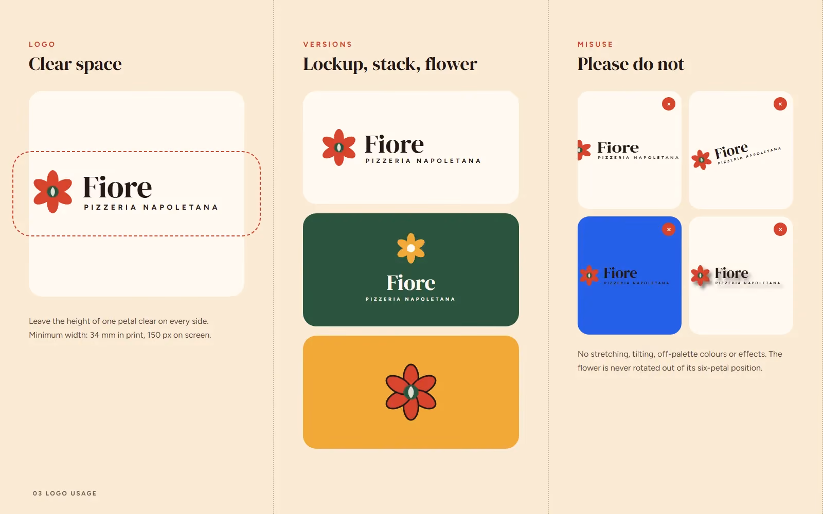 Fiore Pizzeria brand book logo clear space, versions and misuse