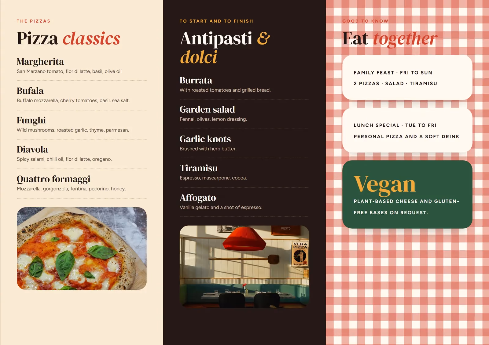 Fiore Pizzeria A4 tri-fold brochure, inside spread