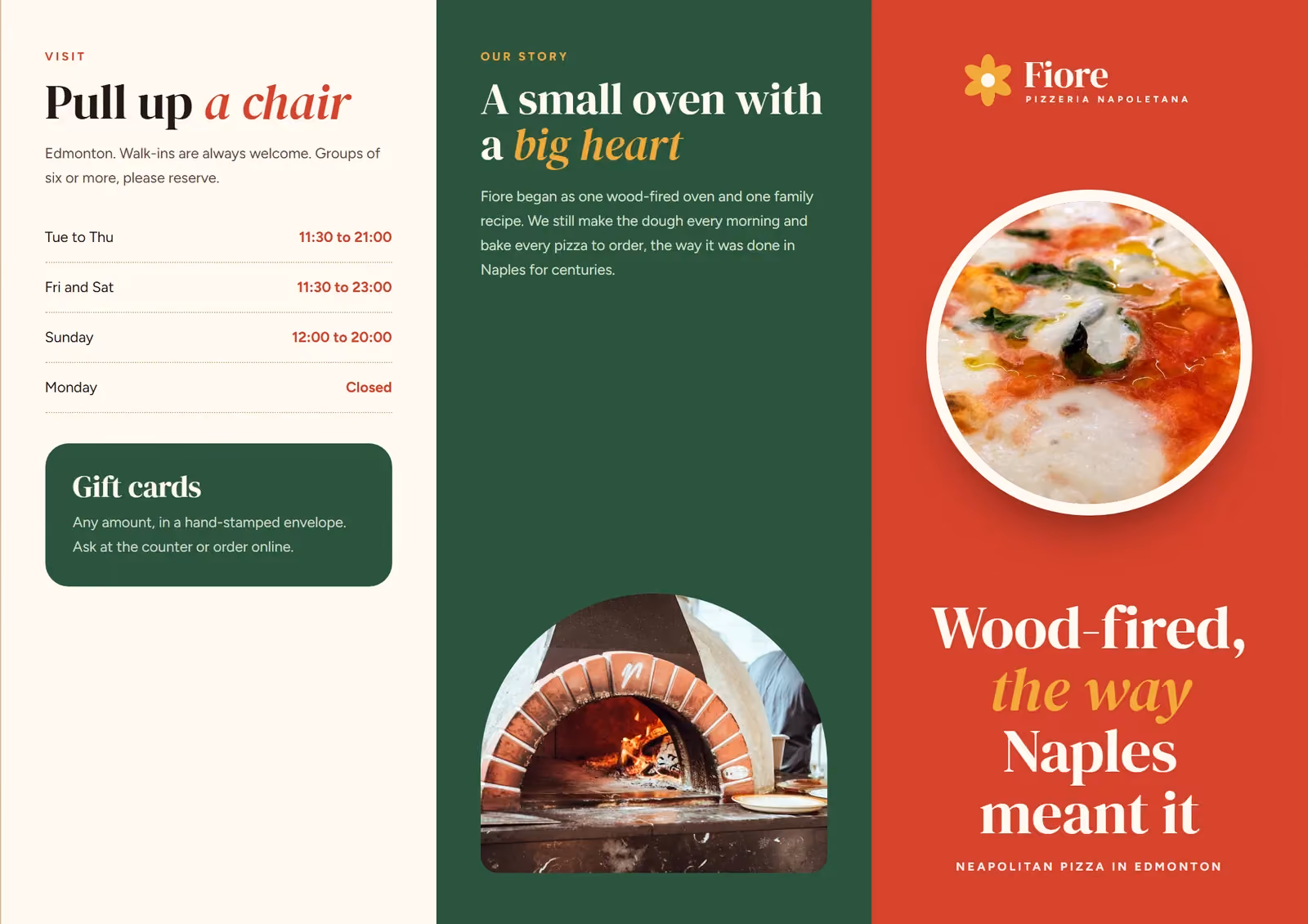Fiore Pizzeria A4 tri-fold brochure, outside spread