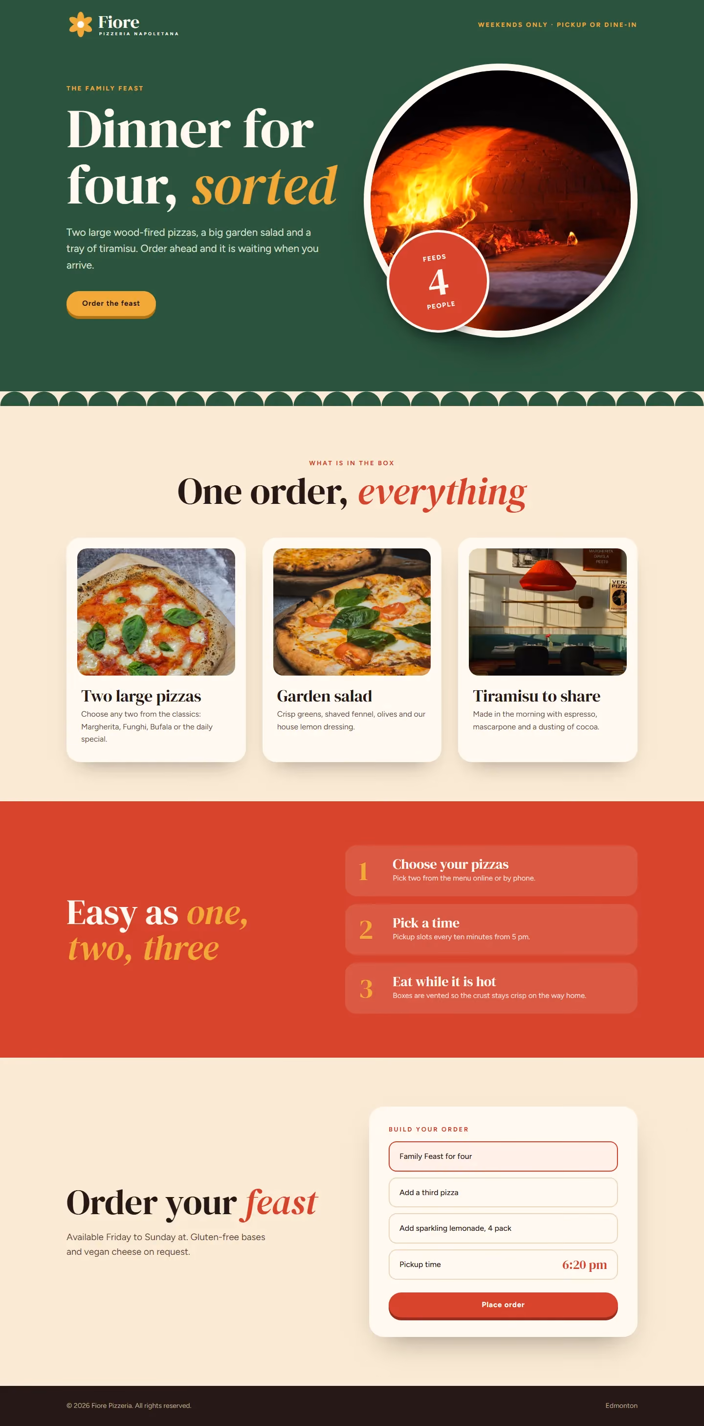 Fiore Pizzeria campaign landing page with offer, steps and booking form