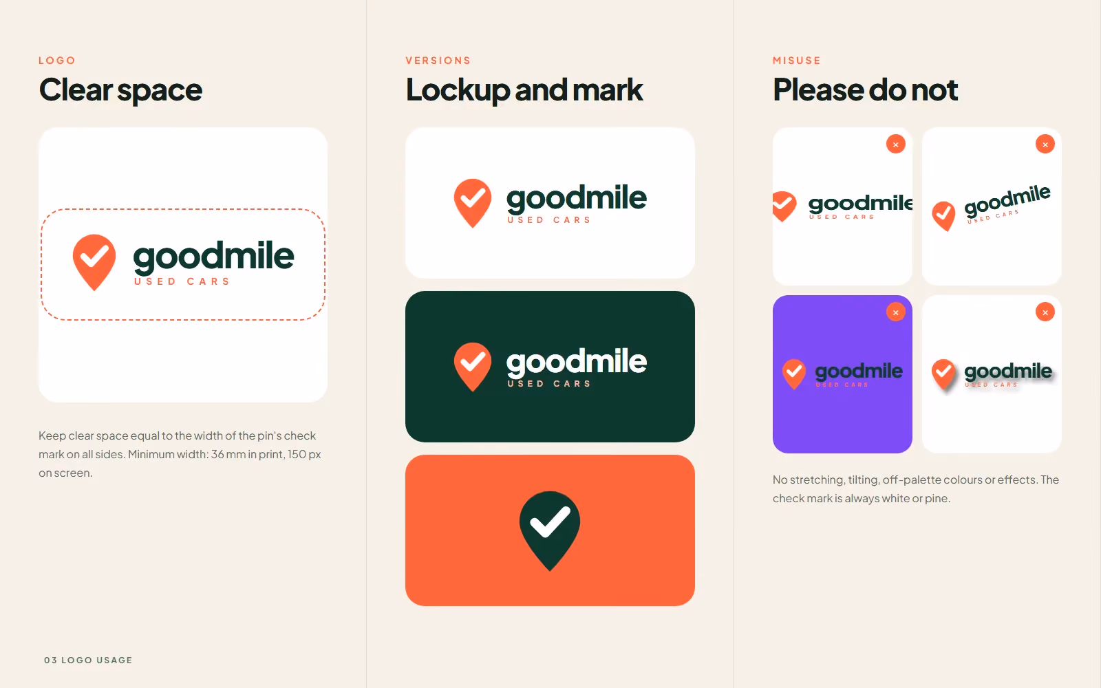 goodmile Used Cars brand book logo clear space, versions and misuse