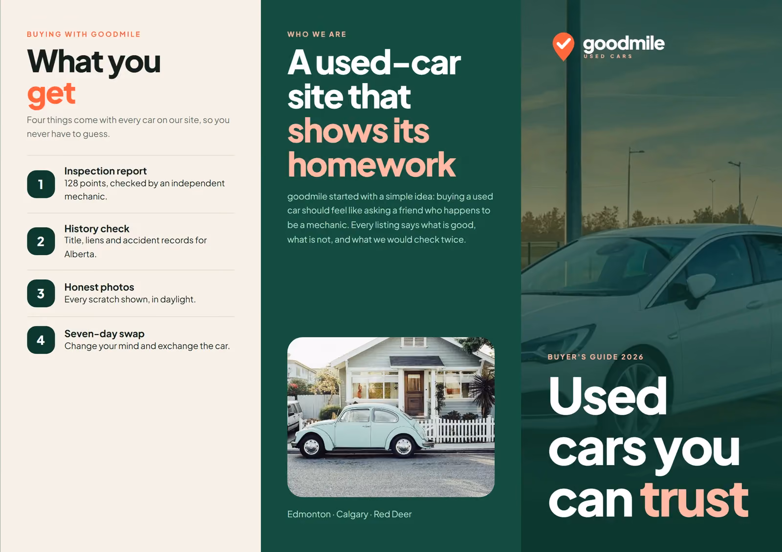 goodmile Used Cars A4 tri-fold brochure, outside spread
