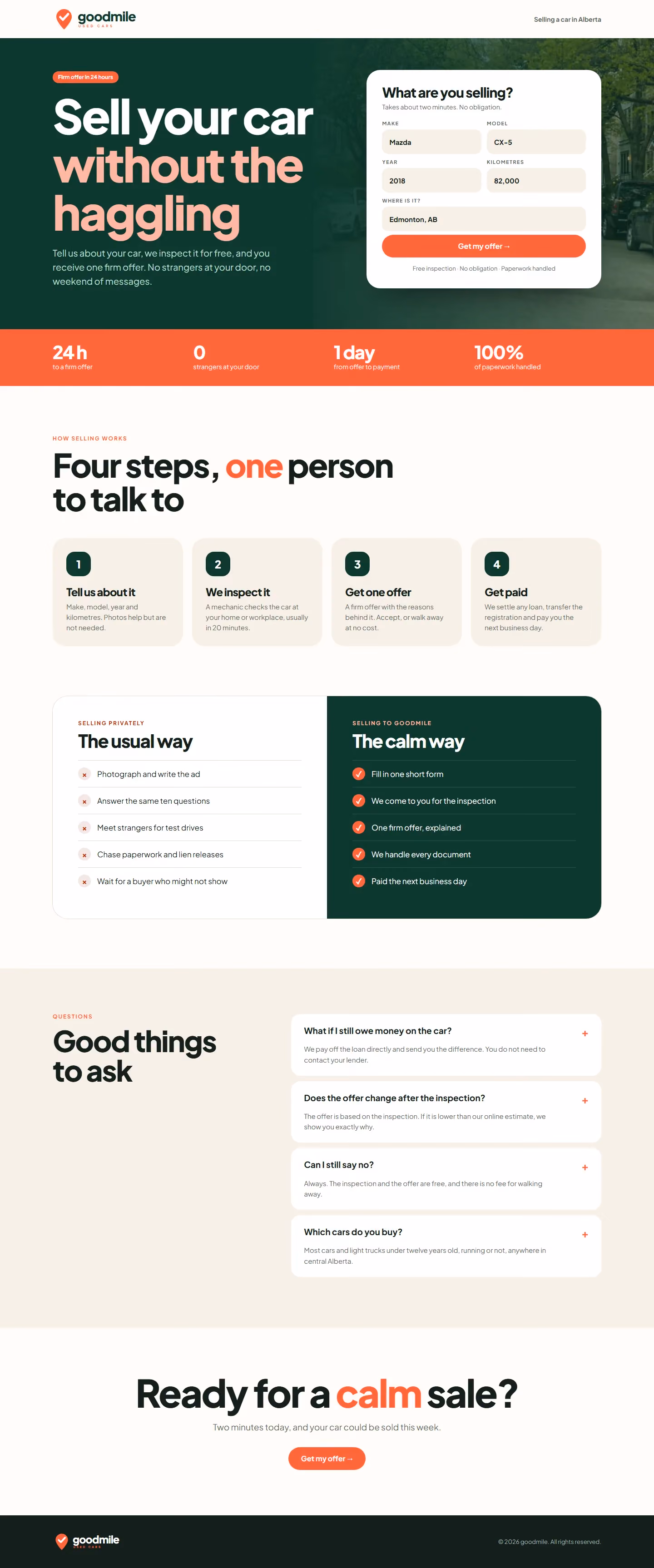 goodmile Used Cars campaign landing page with offer, steps and booking form
