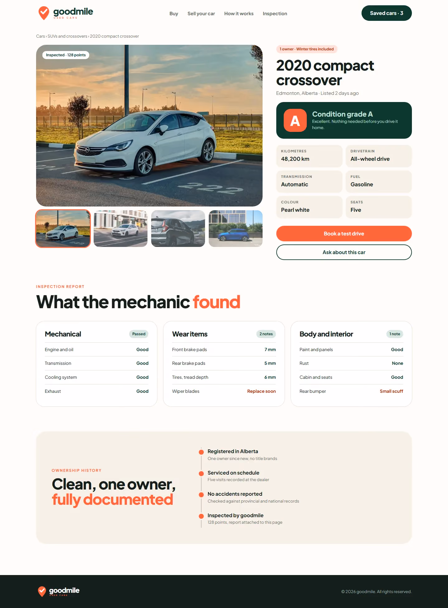 goodmile vehicle page with condition grade, inspection report and ownership history