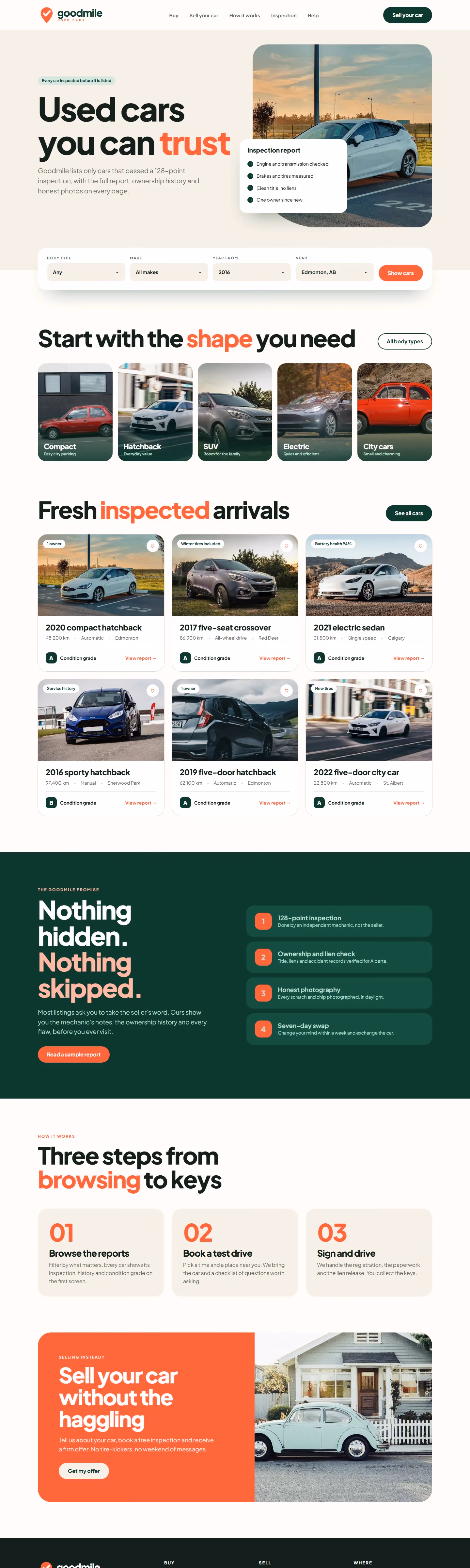 goodmile Used Cars website home page on desktop