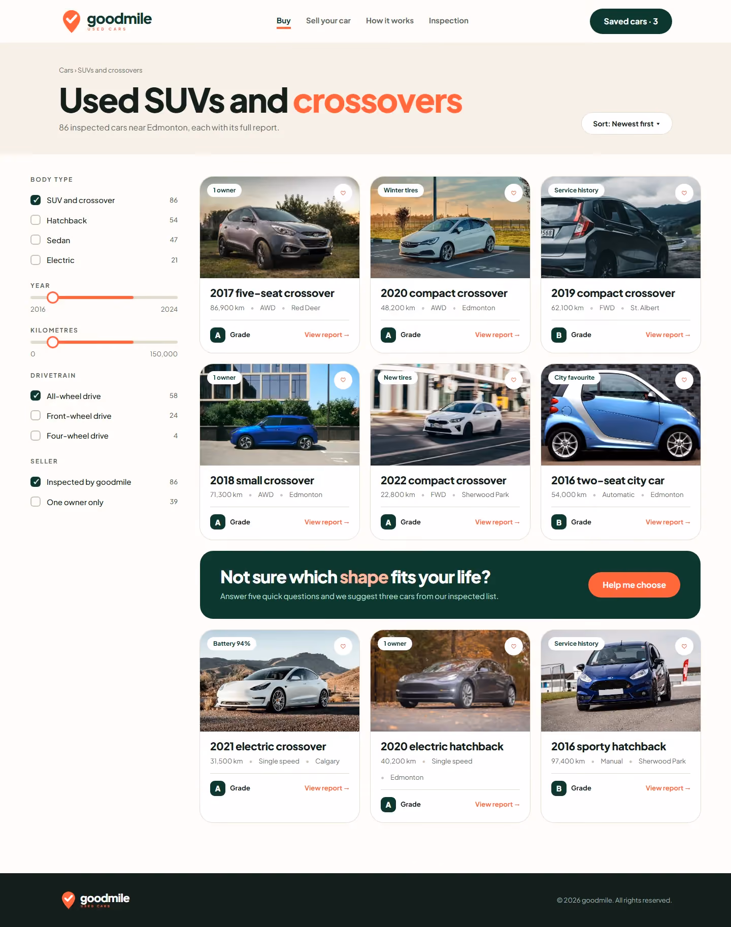 goodmile search results with filters and inspected car cards