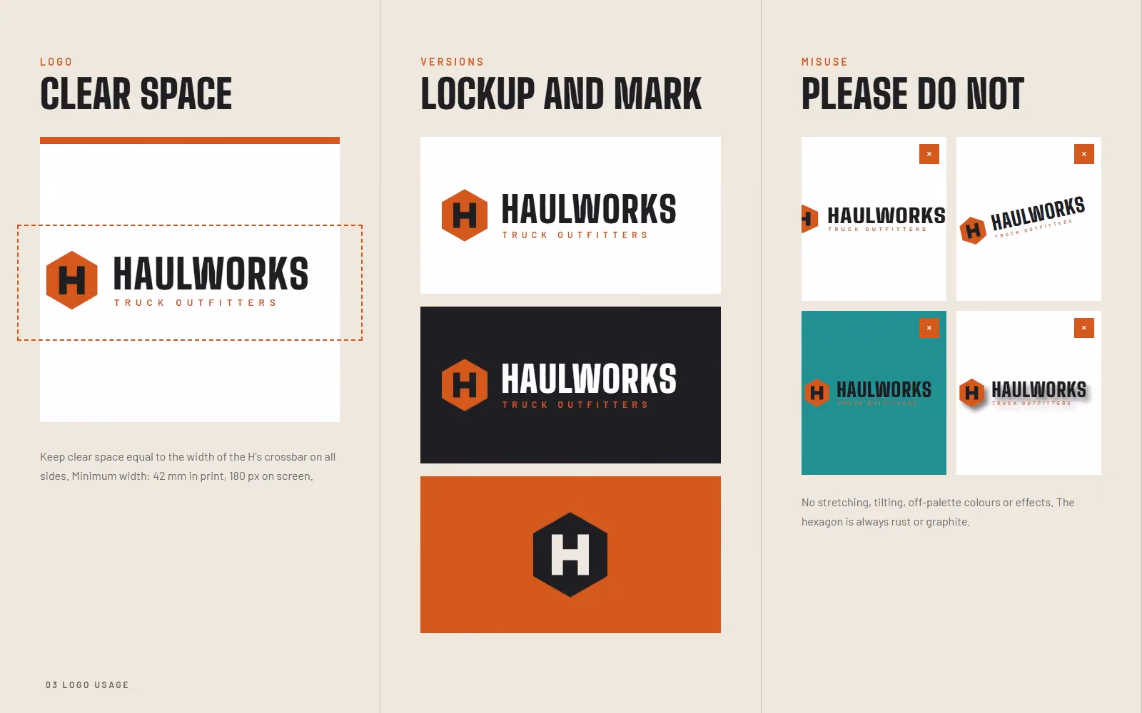 Haulworks Truck Outfitters brand book logo clear space, versions and misuse