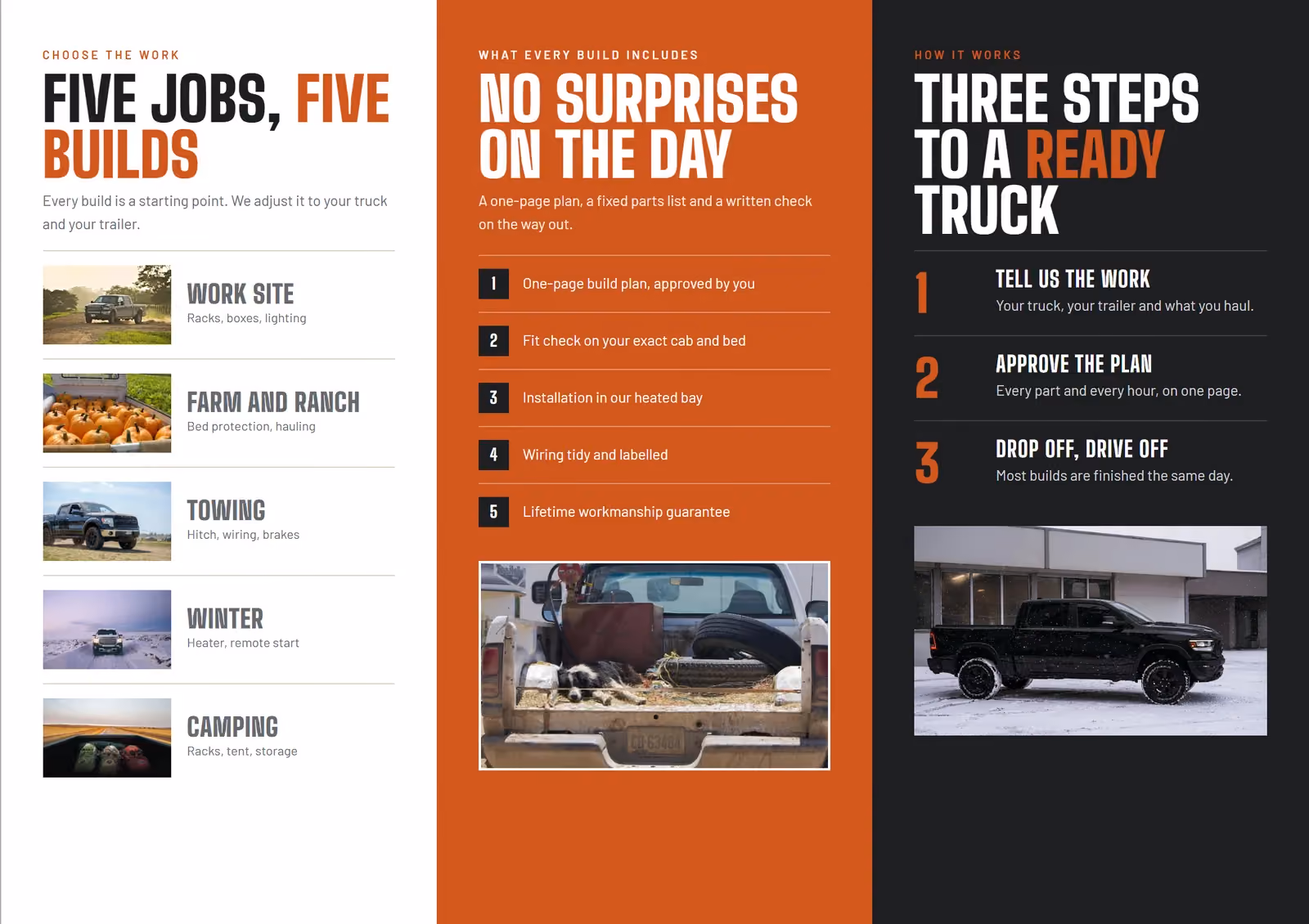 Haulworks Truck Outfitters A4 tri-fold brochure, inside spread