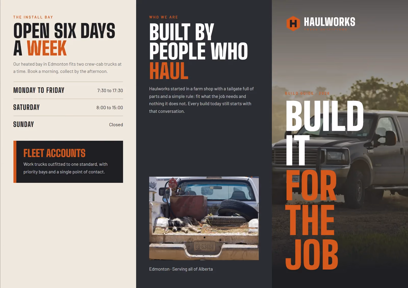 Haulworks Truck Outfitters A4 tri-fold brochure, outside spread
