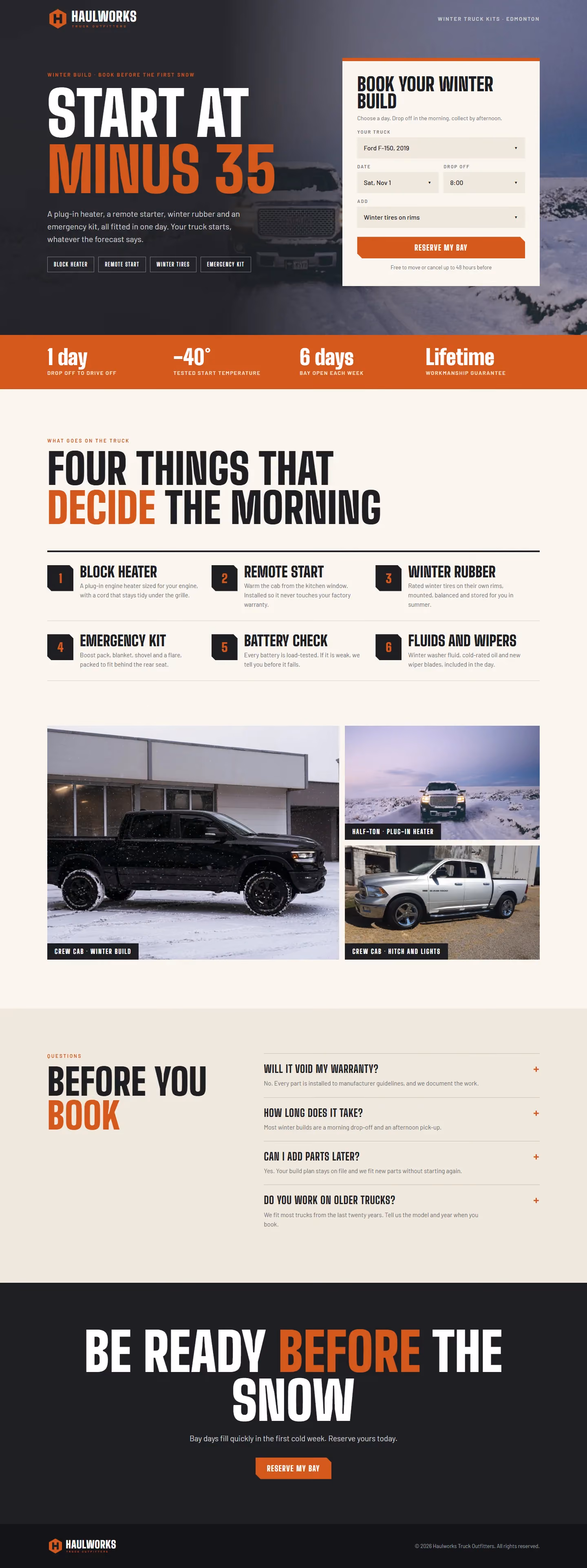Haulworks Truck Outfitters campaign landing page with offer, steps and booking form