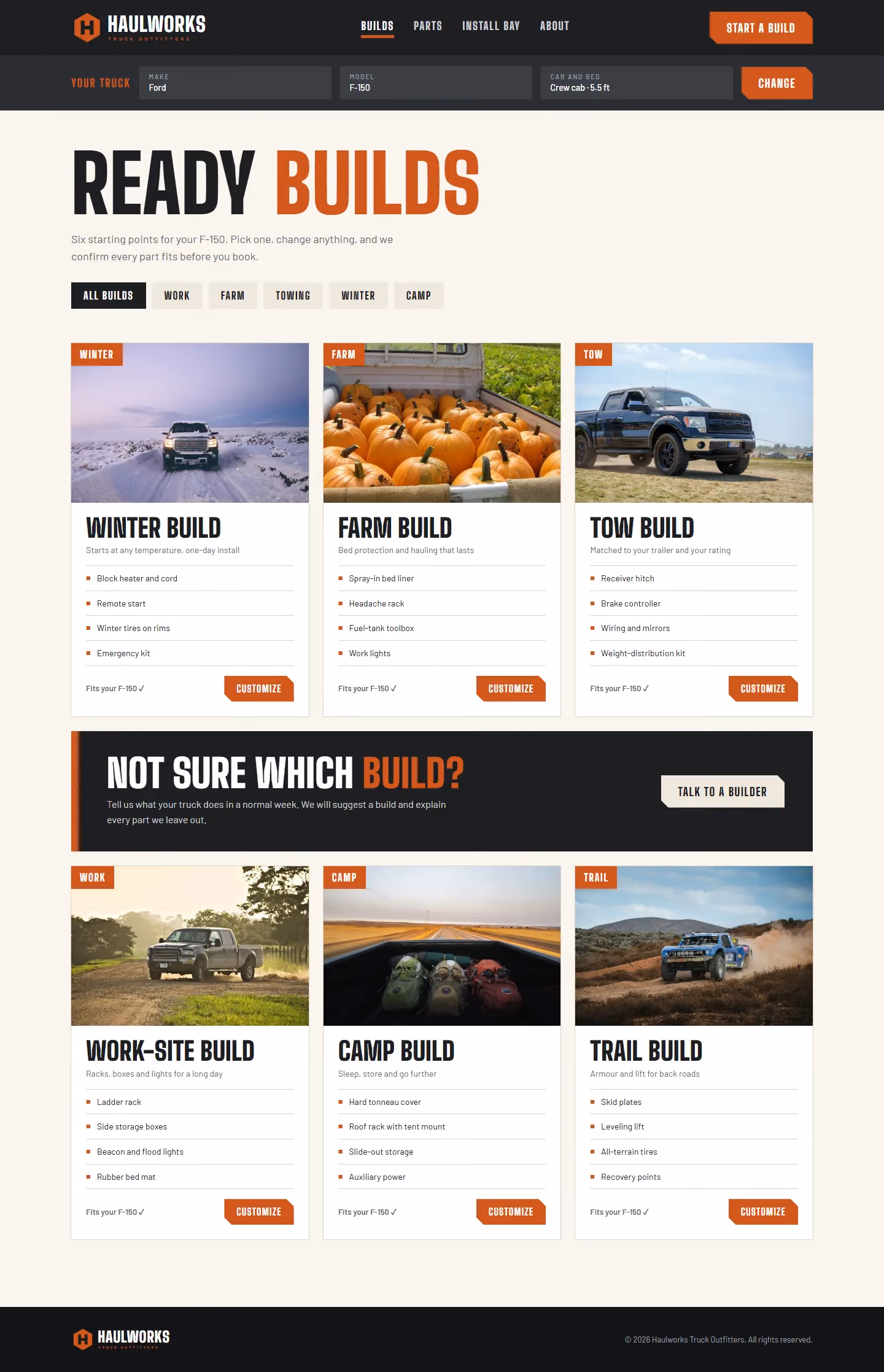Haulworks ready builds page with truck selector and build cards