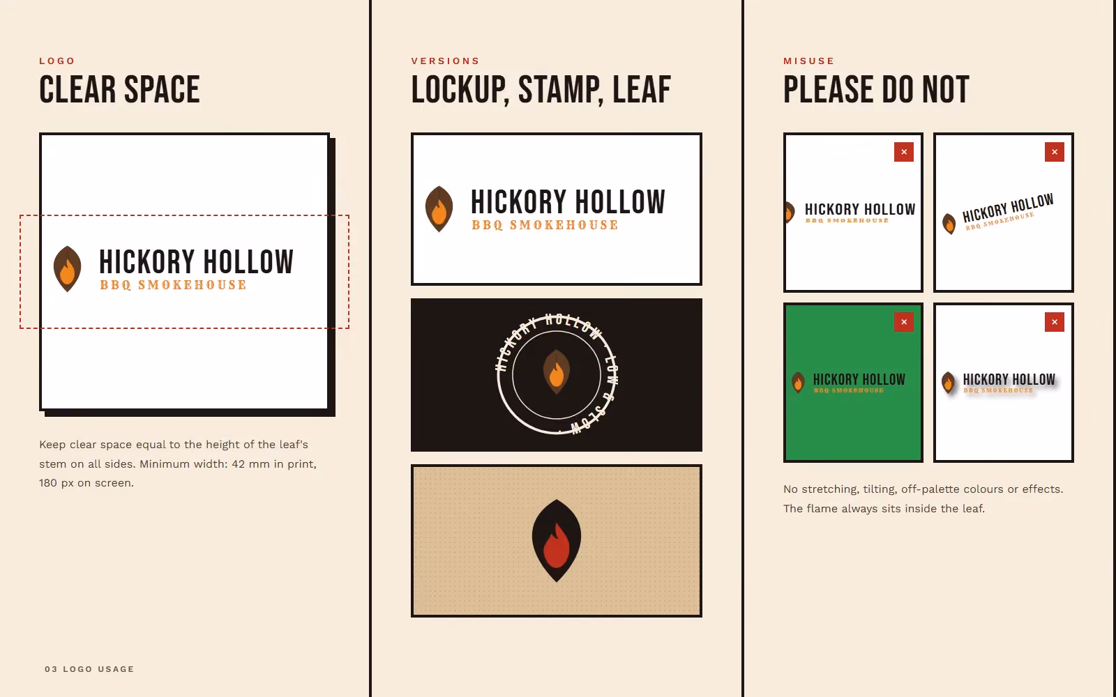 Hickory Hollow BBQ brand book logo clear space, versions and misuse
