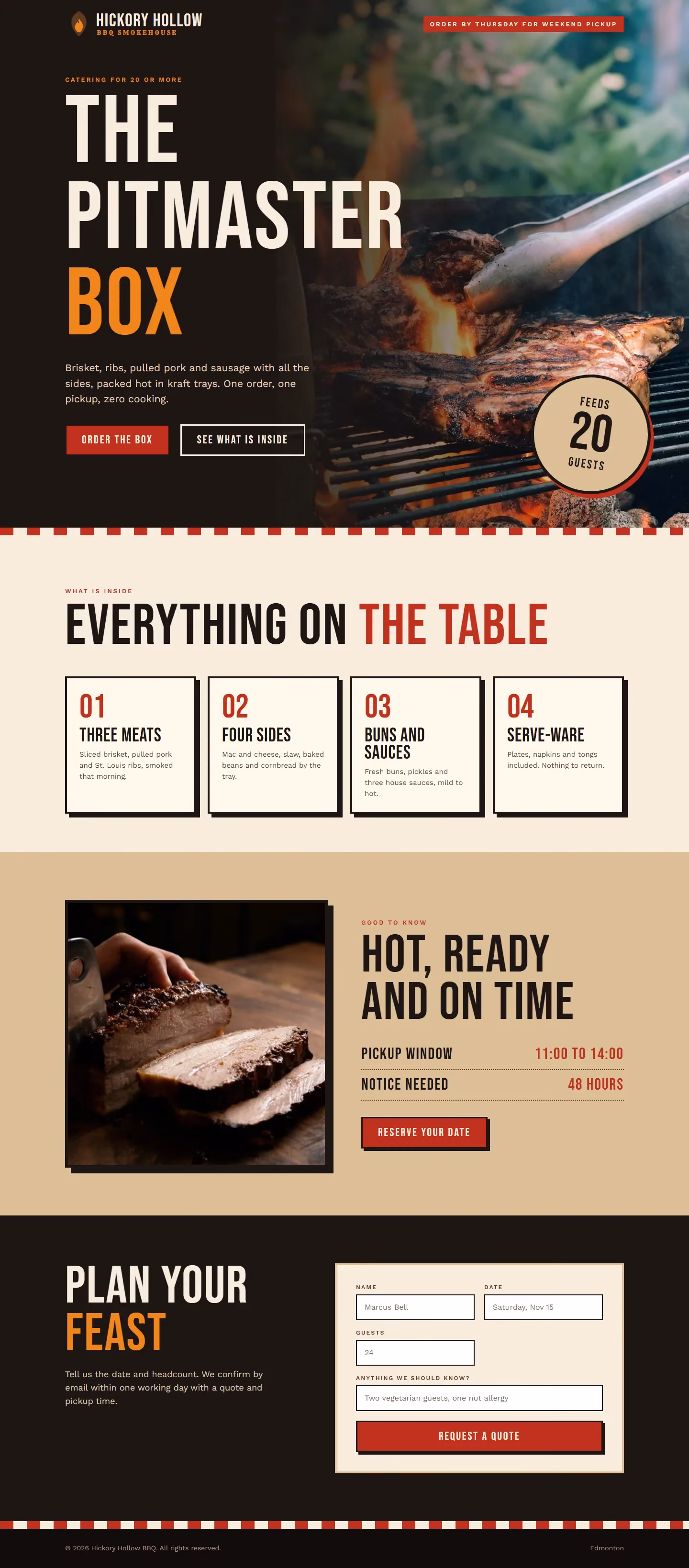Hickory Hollow BBQ campaign landing page with offer, steps and booking form