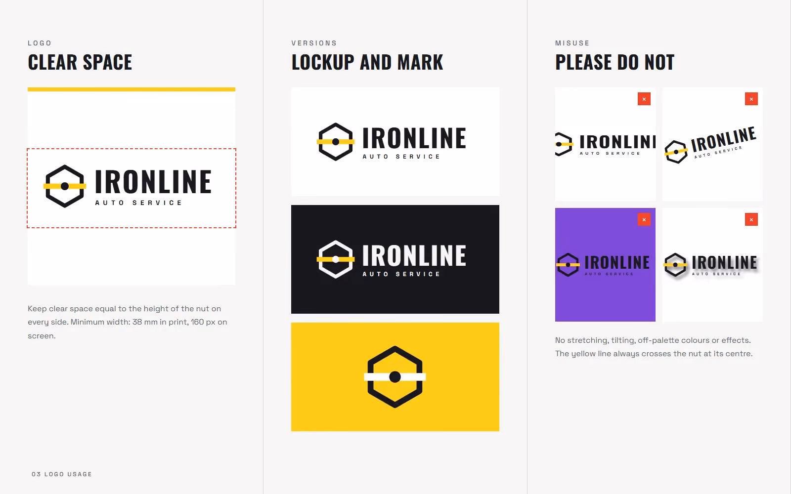 Ironline Auto Service brand book logo clear space, versions and misuse