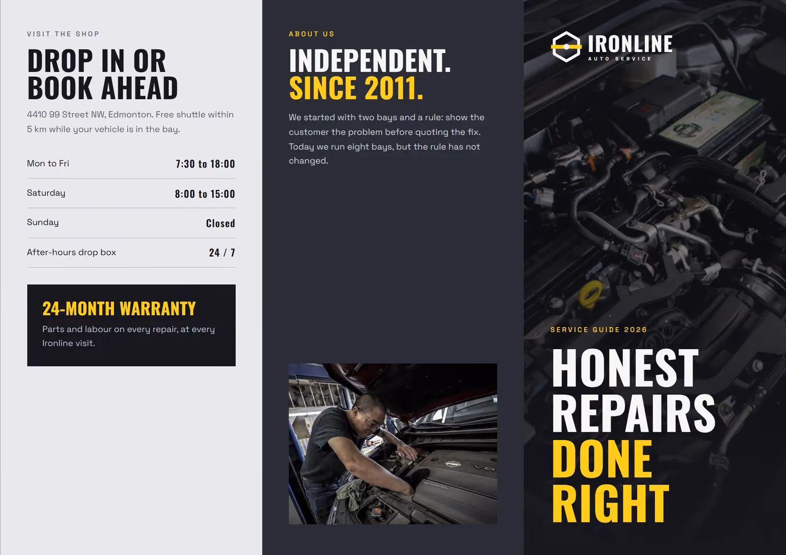 Ironline Auto Service A4 tri-fold brochure, outside spread