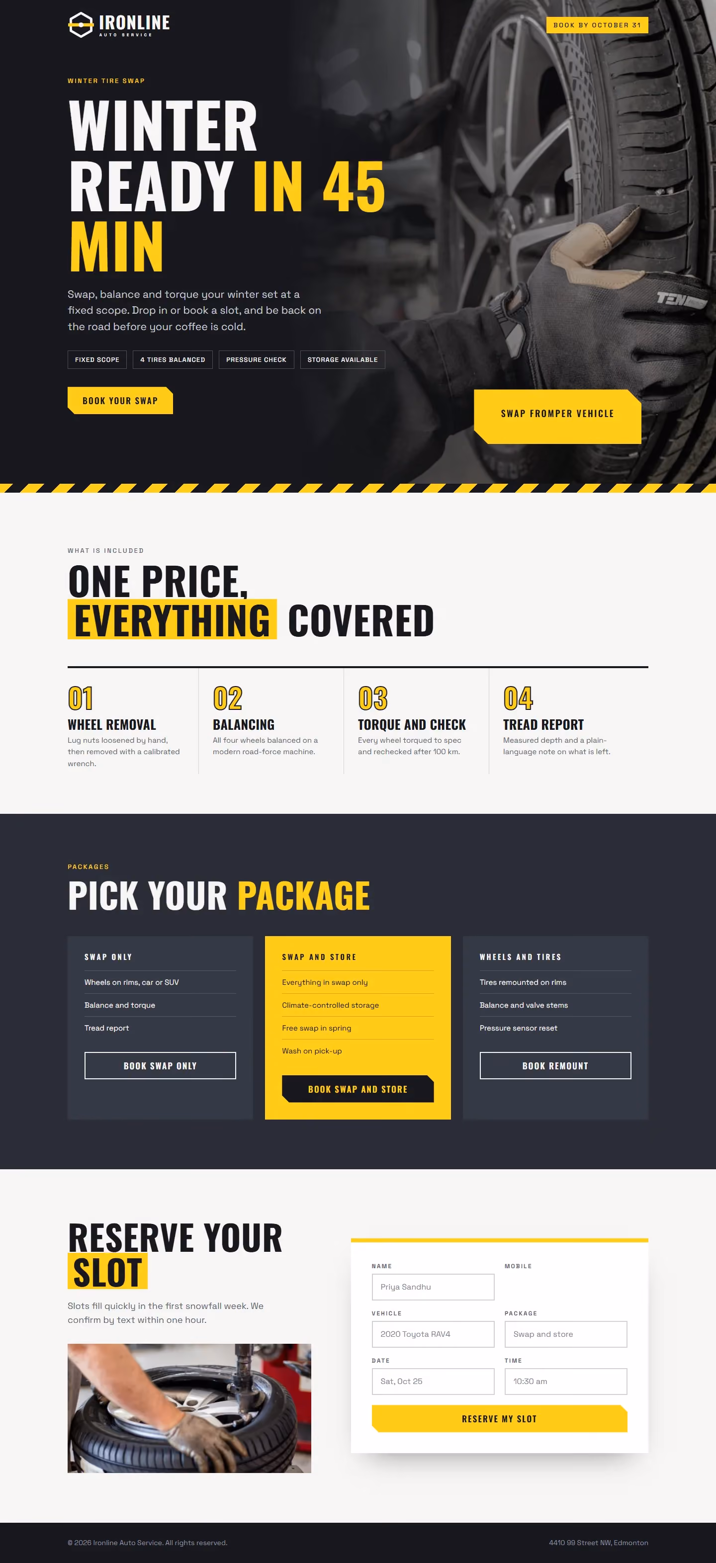 Ironline Auto Service campaign landing page with offer, steps and booking form