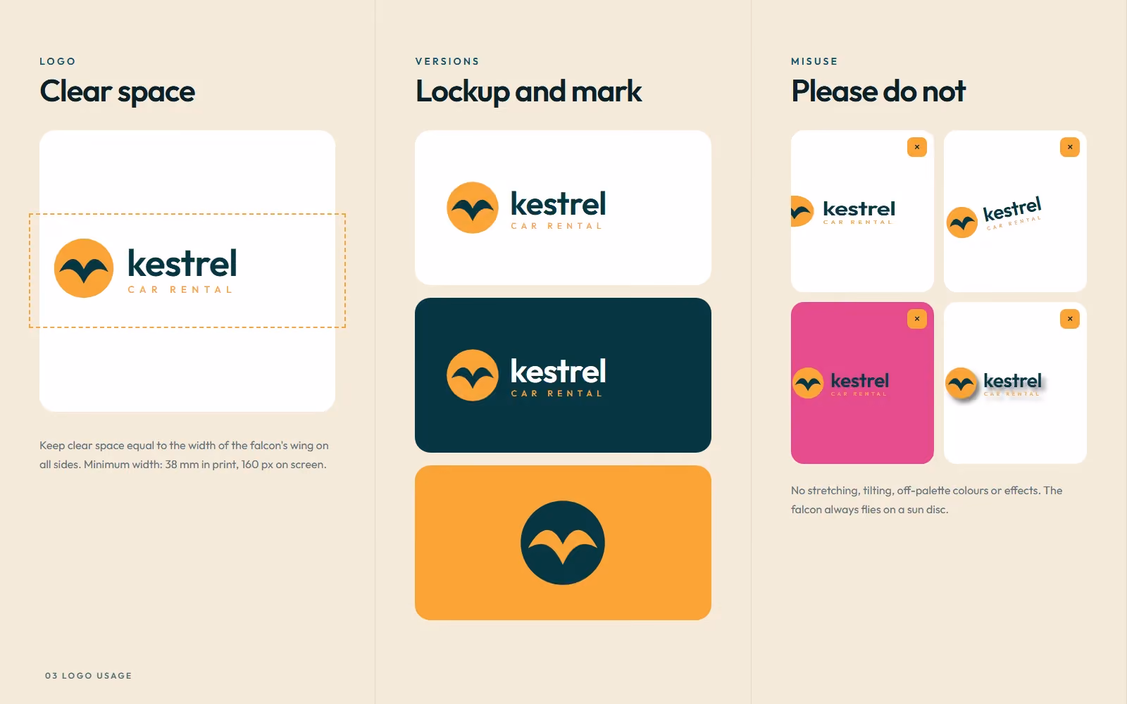 Kestrel Car Rental brand book logo clear space, versions and misuse